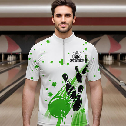Green and White Shamrock Lucky Bowling Shirts For Men Custom St Patrick Day Team Bowling Jerseys NQS9499