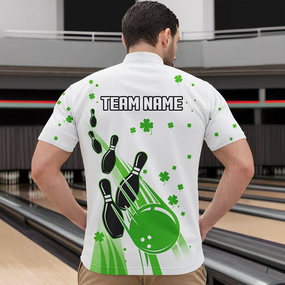 Green and White Shamrock Lucky Bowling Shirts For Men Custom St Patrick Day Team Bowling Jerseys NQS9499