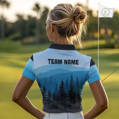 Blue pattern forest Women Disc golf polo shirts Custom team disc golf jerseys for ladies NQS9943