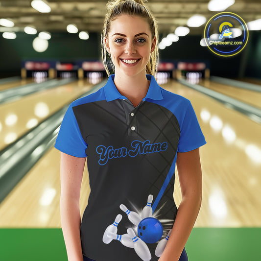 Black & blue bowling league jersey custom Women Bowling Polo, 1/4 zip Shirt, gifts for ladies bowler NQS10095