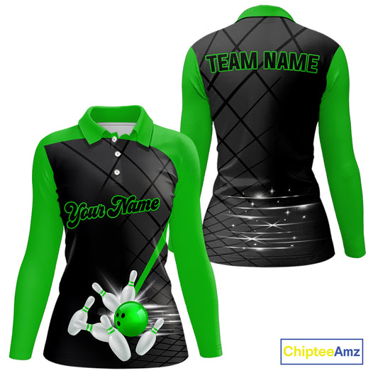 Black & Green bowling league jersey custom Women Bowling Polo, 1/4 zip Shirt, gifts for ladies bowler NQS10096