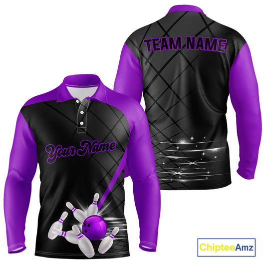 Black and Purple bowling league jersey custom Mens Bowling Polo, 1/4 zip Shirt, gifts for men bowler NQS10097