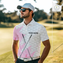 Load image into Gallery viewer, Light Pink ribbon breast cancer pattern custom white Mens golf polo shirts, team golf clubs mens tops NQS10422
