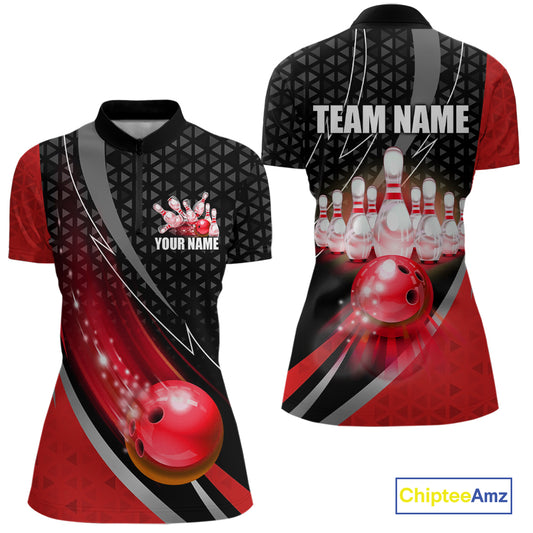 Black and Red Bowling Camo Polo, 1/4 Zip Shirt for Women Custom Team Bowling jerseys, Bowler Outfit NQS10424