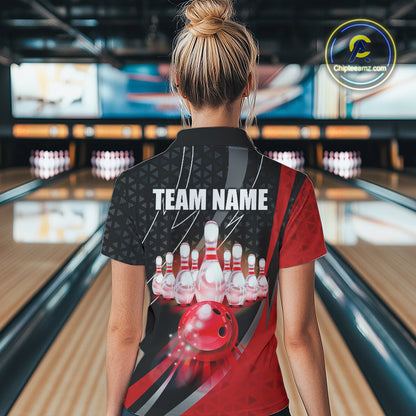 Black and Red Bowling Camo Polo, 1/4 Zip Shirt for Women Custom Team Bowling jerseys, Bowler Outfit NQS10424