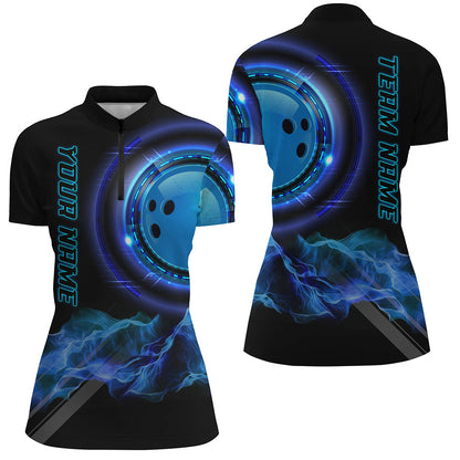 Blue Bowling Shirts for Women Personalized Bowling Team Jersey Custom Bowling Polo, Quarter-Zip Shirts NQS8452