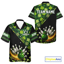 Load image into Gallery viewer, Black and Green shamrock argyle pattern Bowling Hawaiian Shirt Custom St Patrick Team Bowling Jersey NQS11237