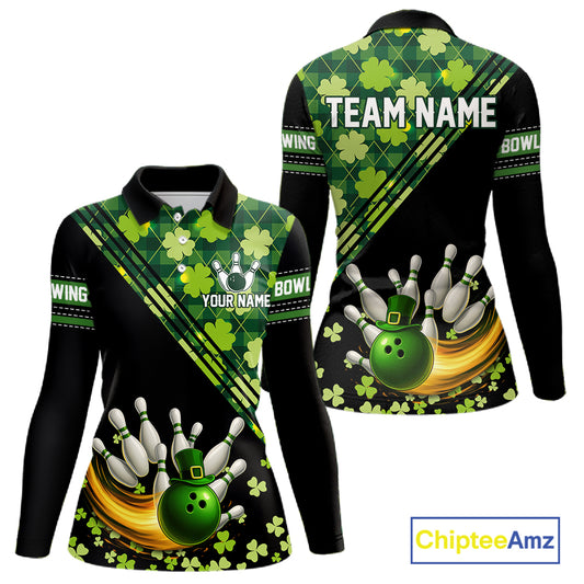 Black and Green shamrock argyle pattern Bowling Shirt For Women Custom St Patrick Team Bowling Jersey NQS11237