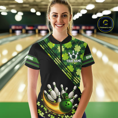 Black and Green shamrock argyle pattern Bowling Shirt For Women Custom St Patrick Team Bowling Jersey NQS11237