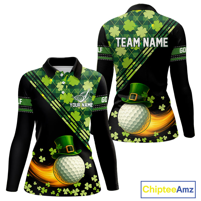 Black and Green shamrock argyle pattern Golf Polo Shirts For Women Custom St Patrick ladies golf top NQS11238