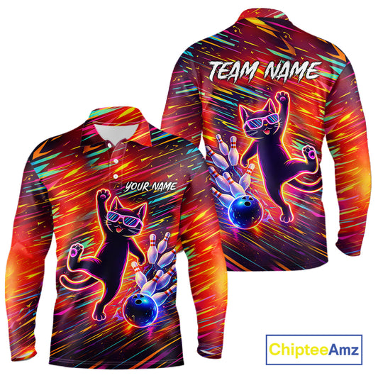 Funny Colorful Neon Cat Bowling Polo shirt, 1/4 zip shirts for men custom Bowling Team League Shirts NQS11429