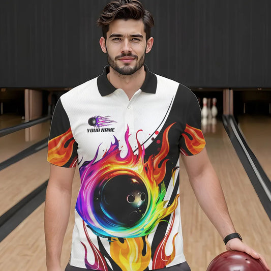 Colorful Flame Bowling Polo, Quarter Zip Shirts for Men Custom Fire Team Bowling jerseys NQS9675