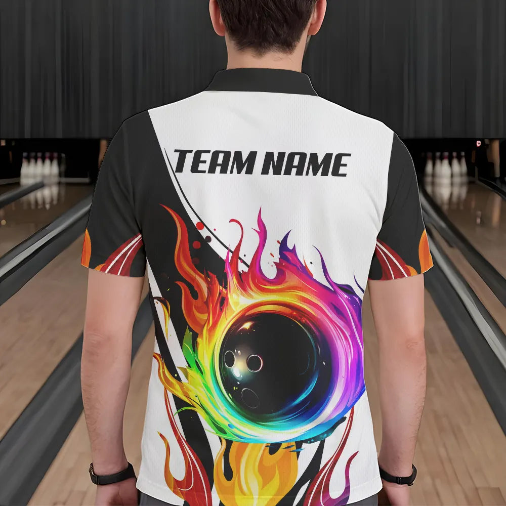 Colorful Flame Bowling Polo, Quarter Zip Shirts for Men Custom Fire Team Bowling jerseys NQS9675