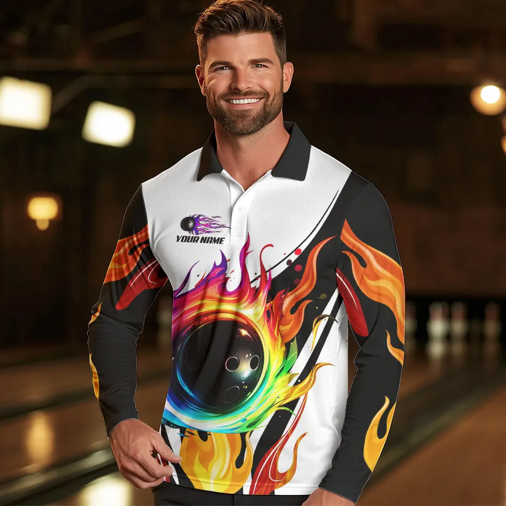 Colorful Flame Bowling Polo, Quarter Zip Shirts for Men Custom Fire Team Bowling jerseys NQS9675
