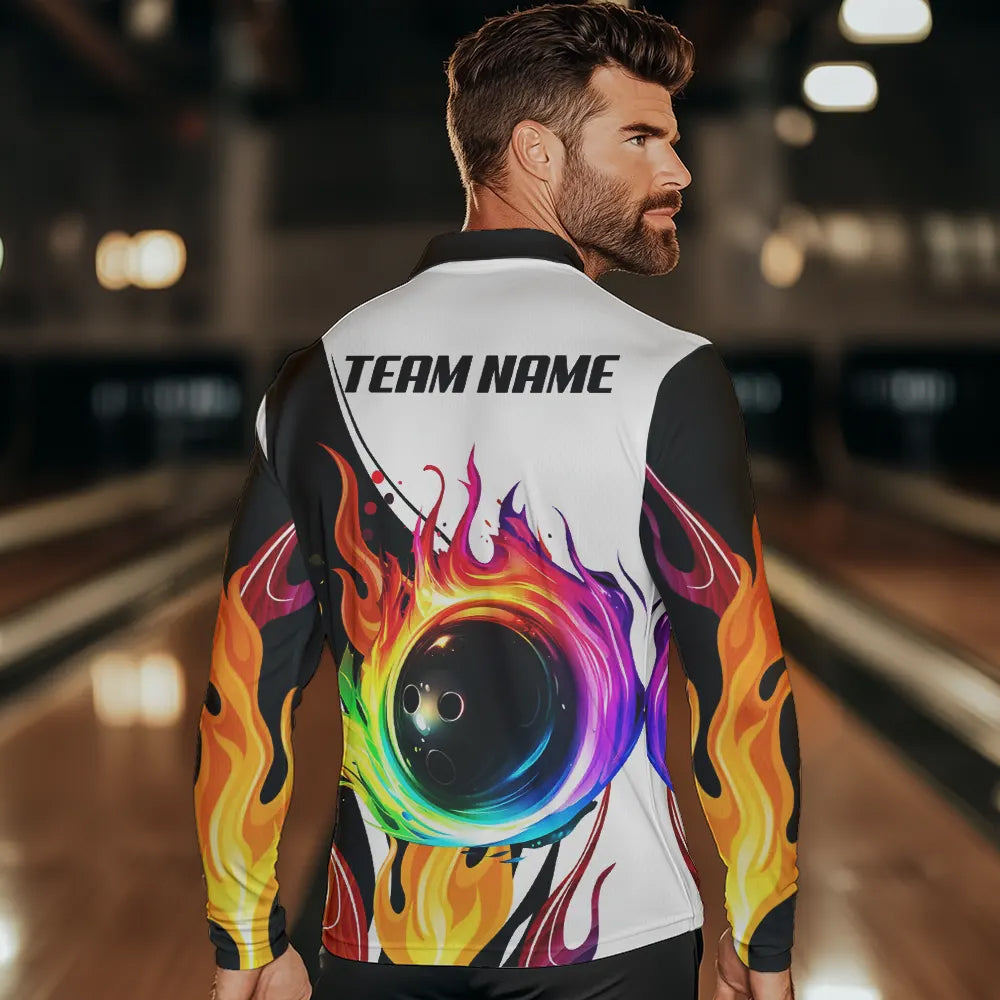 Colorful Flame Bowling Polo, Quarter Zip Shirts for Men Custom Fire Team Bowling jerseys NQS9675