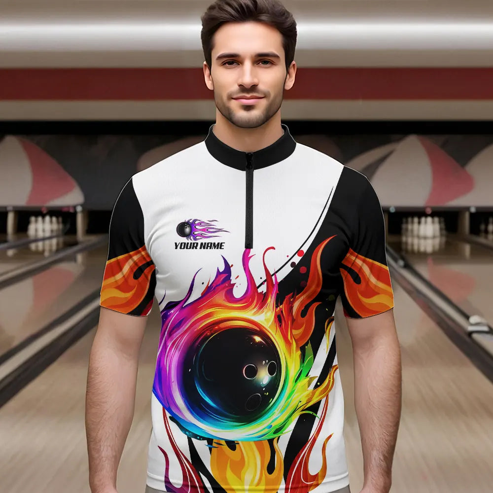 Colorful Flame Bowling Polo, Quarter Zip Shirts for Men Custom Fire Team Bowling jerseys NQS9675