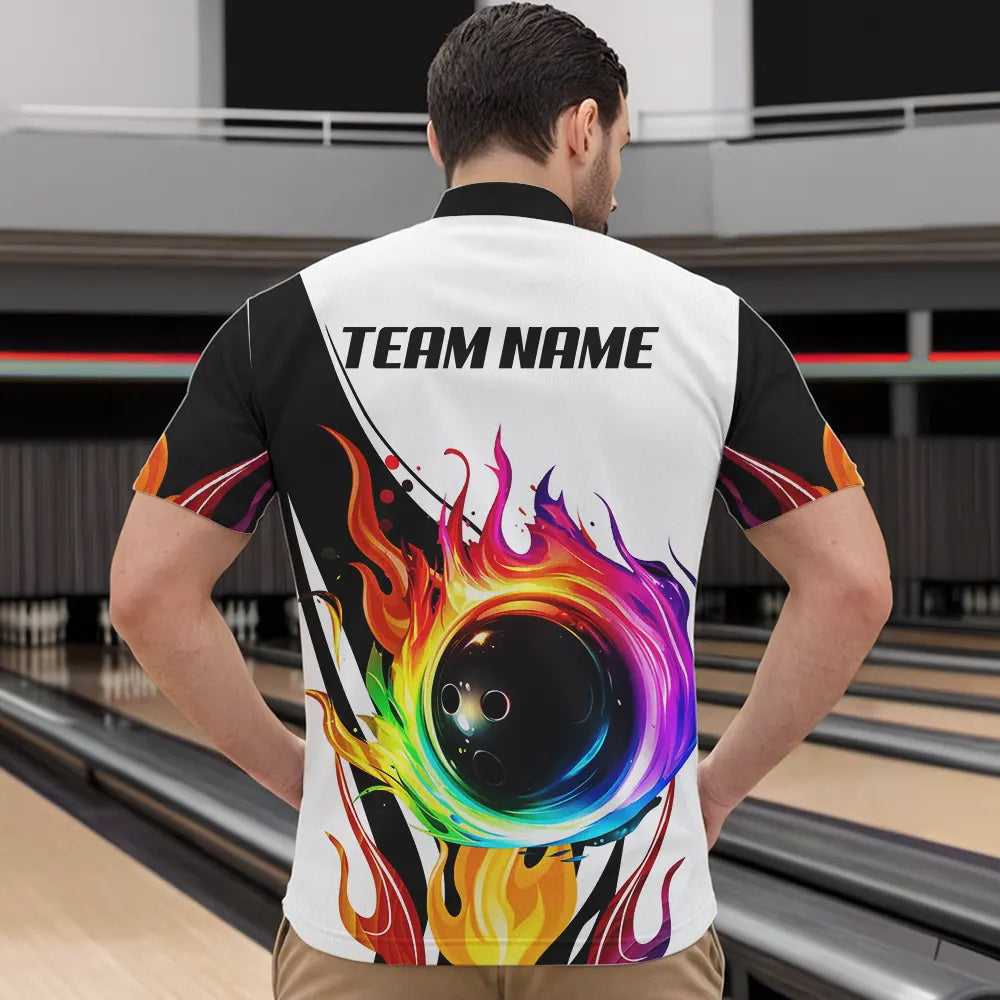 Colorful Flame Bowling Polo, Quarter Zip Shirts for Men Custom Fire Team Bowling jerseys NQS9675