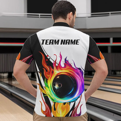 Colorful Flame Bowling Polo, Quarter Zip Shirts for Men Custom Fire Team Bowling jerseys NQS9675