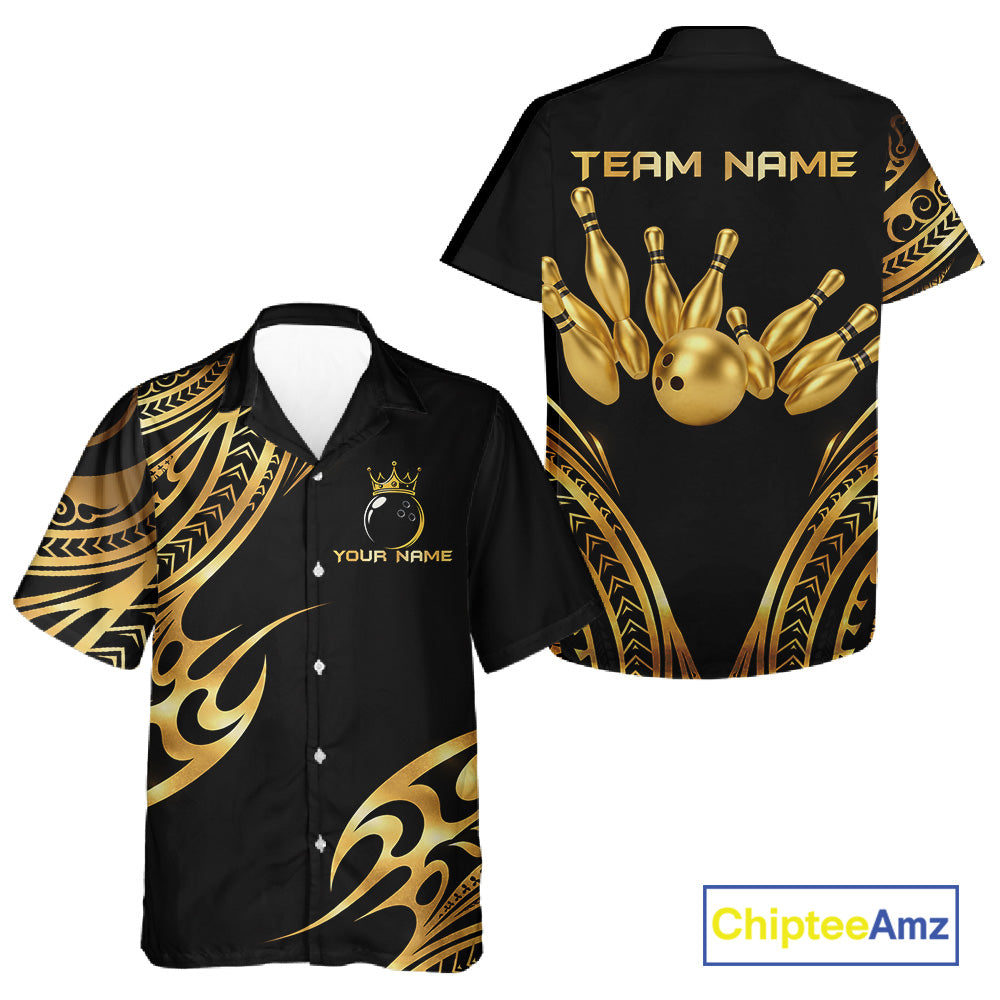 Black and Gold tribal pattern Bowling Button-up Shirts Custom Bowling Team Jerseys NQS11732