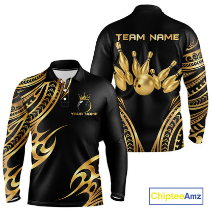 Black and Gold tribal pattern Bowling Polo, Quarter Zip Shirts For Men Custom Bowling Team Jerseys NQS11732