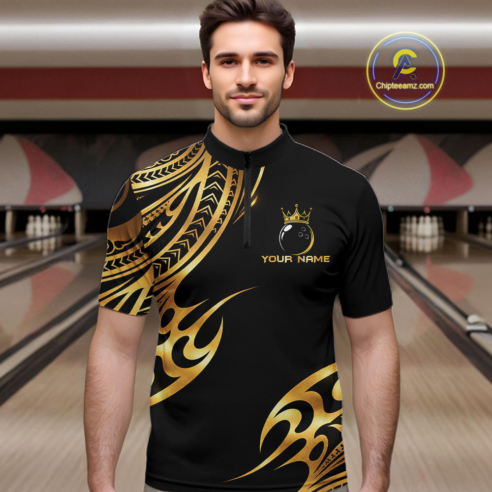Black and Gold tribal pattern Bowling Polo, Quarter Zip Shirts For Men Custom Bowling Team Jerseys NQS11732