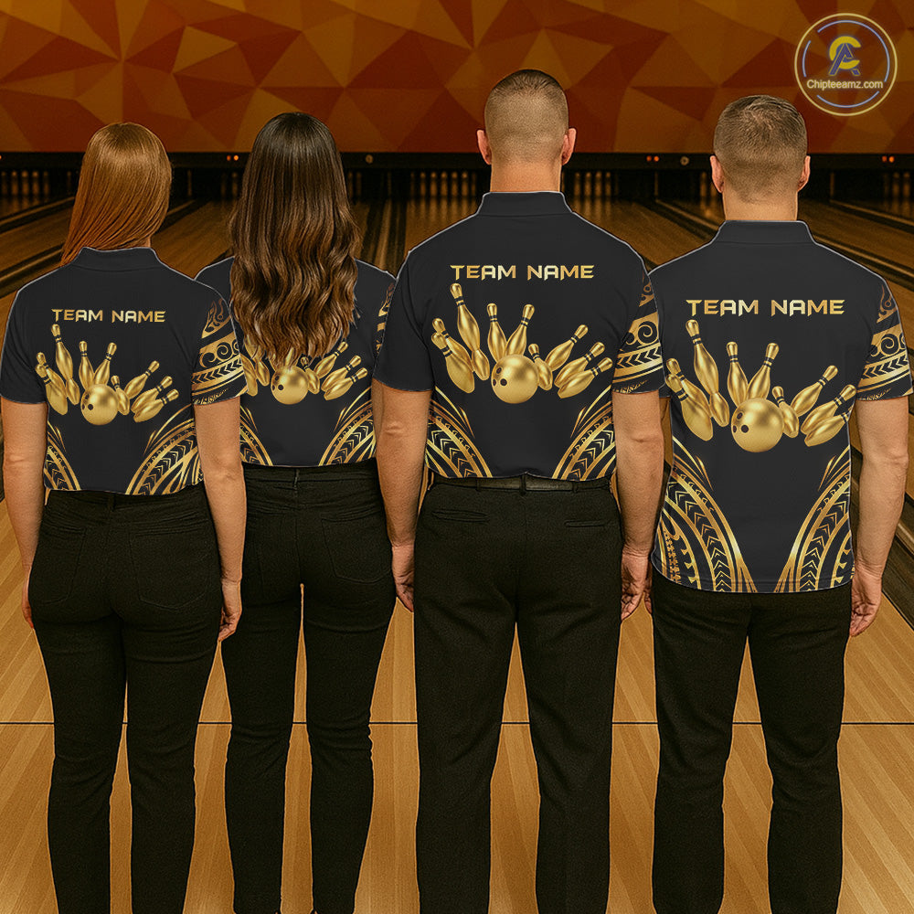 Black and Gold tribal pattern Bowling Polo, Quarter Zip Shirts For Women Custom Bowling Team Jerseys NQS11732