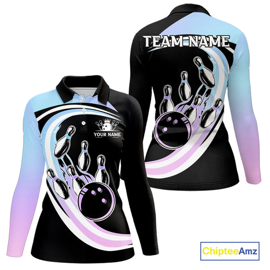 Blue Purple Gradient Bowling Shirts For Women Custom Bowling Team League Jersey, Gift For Bowler NQS10432