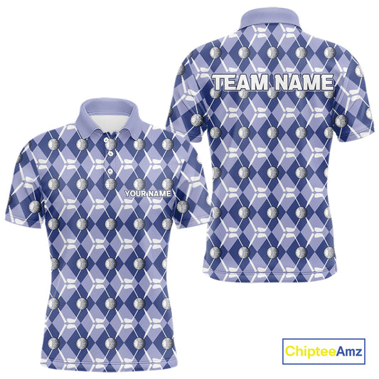 Mens golf polo shirts custom blue argyle plaid pattern golf attire for men, golfer gifts NQS10434