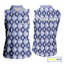 Load image into Gallery viewer, Women sleeveless polo shirt custom blue argyle plaid pattern golf attire for ladies, golfer gifts NQS10434