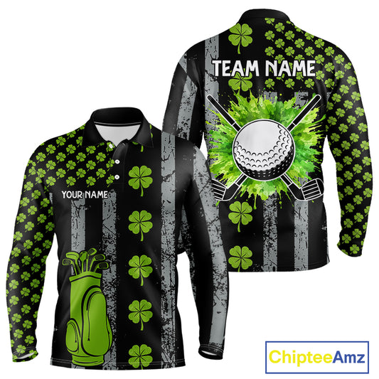 Custom Black Grunge US Flag Green Shamrock St Patrick Golf Polo shirts for Men Patriotic Golf shirts NQS11449