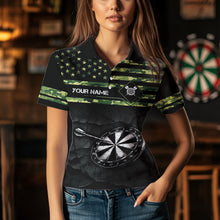 Load image into Gallery viewer, Green camo American Flag Dart jerseys Polo, 1/4 Zip Shirt for Women Custom Patriotic Darts Team shirts NQS9519