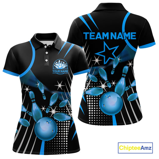 Black and Blue Women Bowling Polo, Quarter Zip Shirts Custom Bowling outfit Women Team Jerseys NQS9956