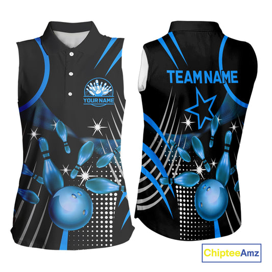 Black and Blue Women Bowling sleeveless polo Shirts Custom Bowling outfit Women Team Jerseys NQS9956