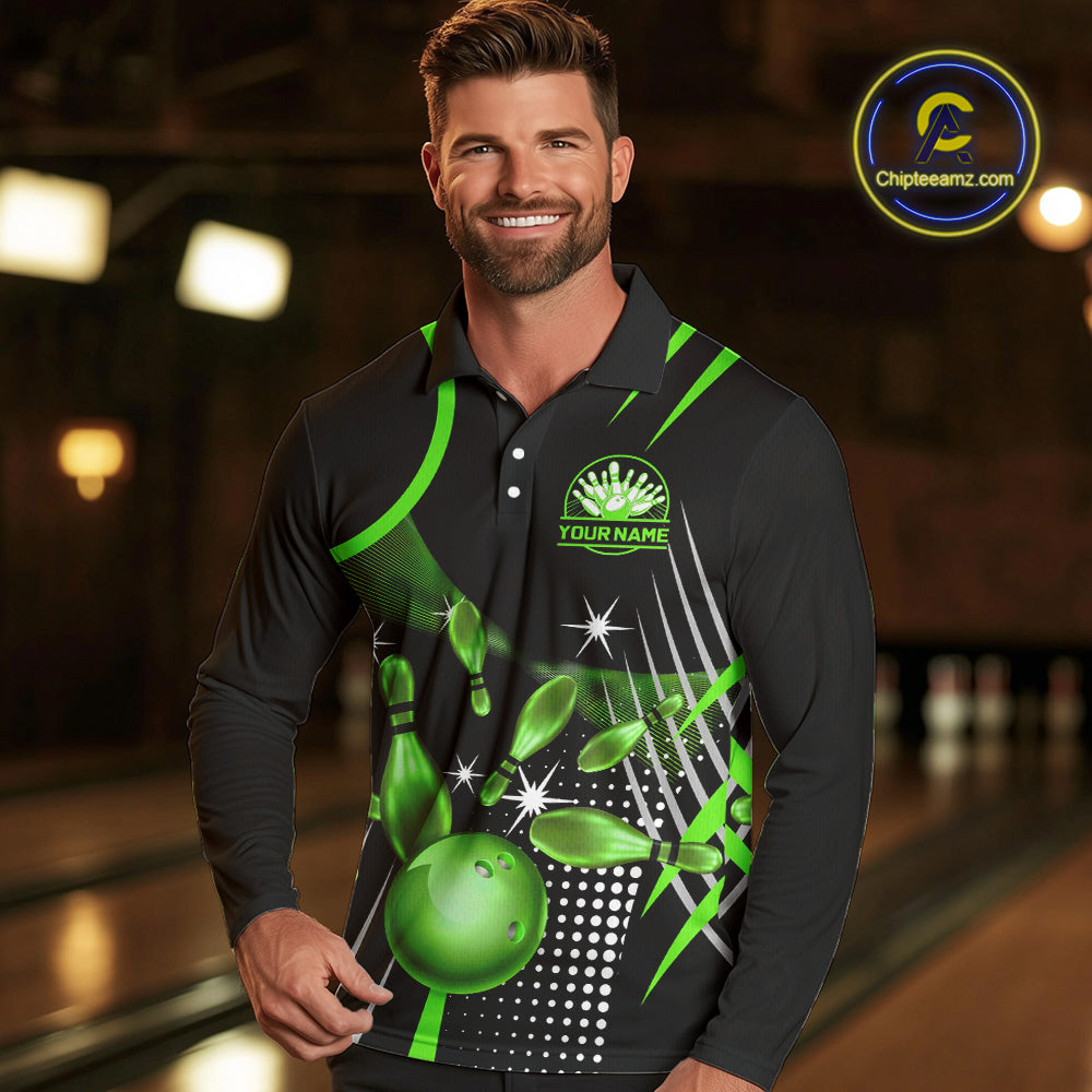 Black and Green Mens Bowling Polo, Quarter Zip Shirts Custom Bowling outfit men Team Jerseys NQS9957