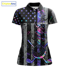 Load image into Gallery viewer, Black American Flag Hologram Womens golf polo shirts Custom patriotic ladies golf tops best golf gift NQS11640