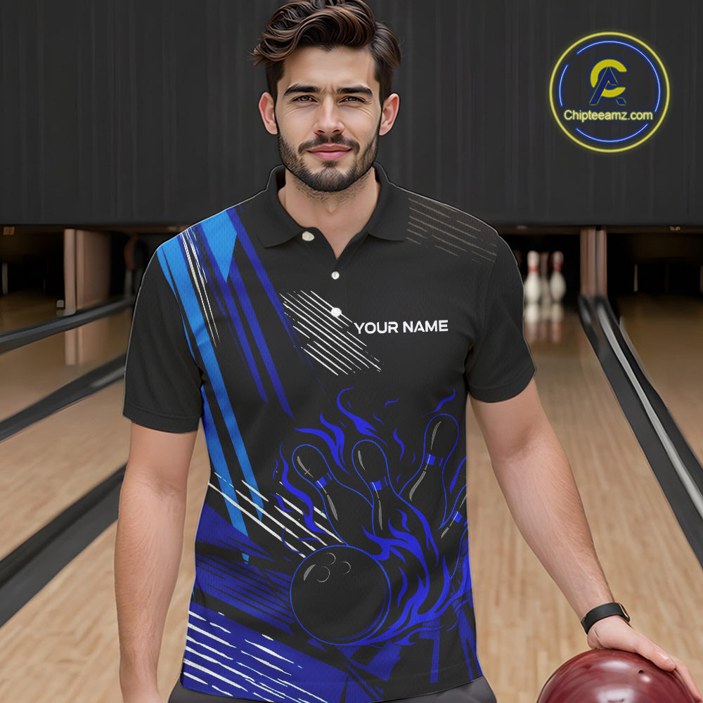 Black and Blue Flame Bowling Polo, Quarter Zip Shirts For Men Custom Bowling Outfit Team Jerseys NQS9962