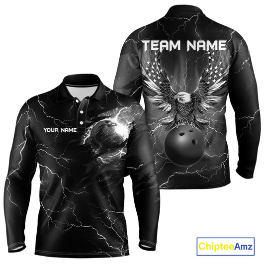 Black lightning thunder bowling American flag Eagle custom Mens Bowling Polo, Quarter Zip Shirts NQS10112