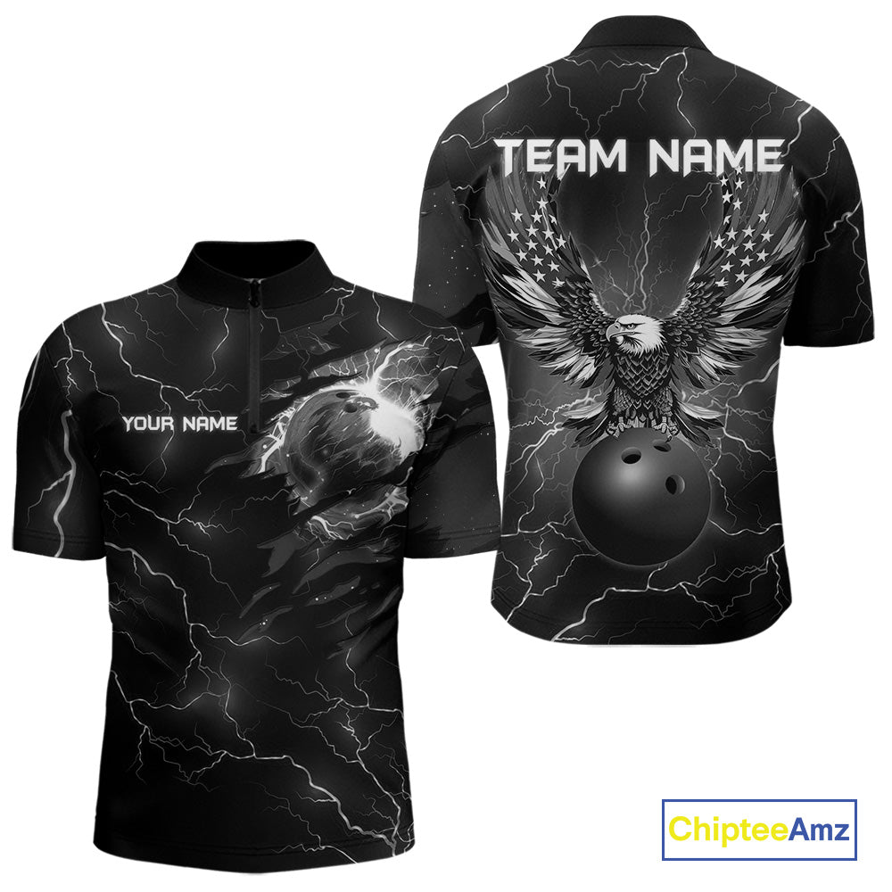 Black lightning thunder bowling American flag Eagle custom Mens Bowling Polo, Quarter Zip Shirts NQS10112