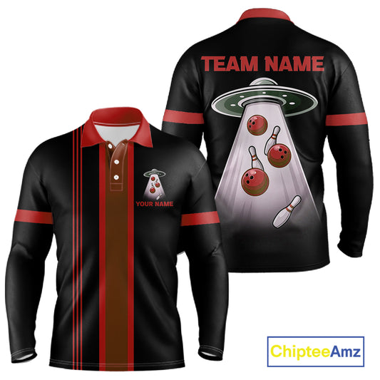 Black and Red ufo alien Retro Bowling Polo, Quarter Zip Shirts for men Custom Bowling Team Jersey NQS11463