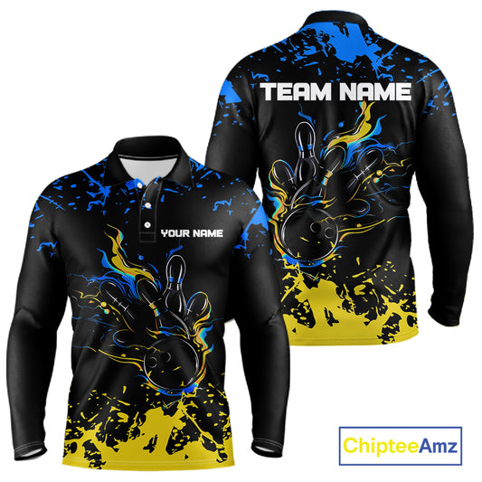 Personalized Black, Blue & Yellow Bowling Shirts For Men, Bowling Balls And Pins Bowling Team Shirts NQS11465