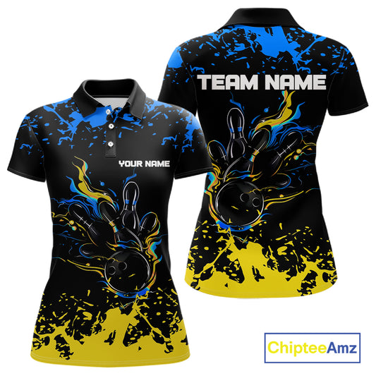 Personalized Black, Blue & Yellow Bowling Shirts For Women, Bowling Balls And Pins Bowling Team Shirt NQS11465