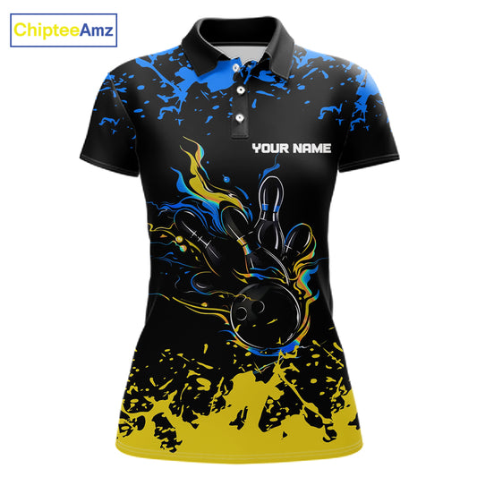 Personalized Black, Blue & Yellow Bowling Shirts For Women, Bowling Balls And Pins Bowling Team Shirt NQS11465