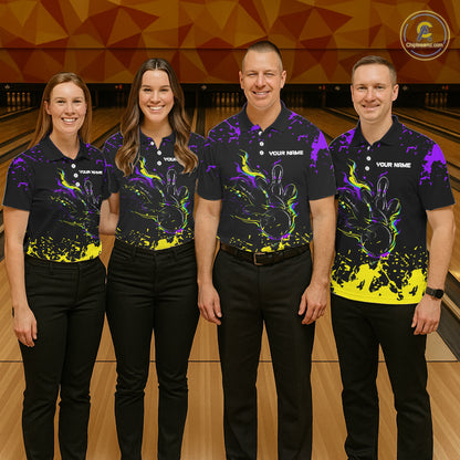 Personalized Black, Purple & Yellow Bowling Shirts For Men, Bowling Balls And Pins Bowling Team Shirt NQS11466