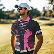 Load image into Gallery viewer, Black and pink Mens golf polo shirts custom golf clubs team golf shirts, golf tops for men NQS10117