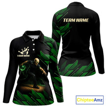 Load image into Gallery viewer, Black &amp; Green Camo Skull Lightning Bowling Polo, 1/4 zip shirts for Women Custom Team bowling Jersey NQS11657