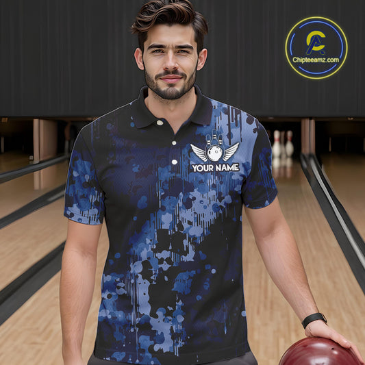 Blue Camo Bowling Polo, Quarter Zip Shirts For Men Custom Bowling Team Jerseys, Gift For Bowlers NQS10454