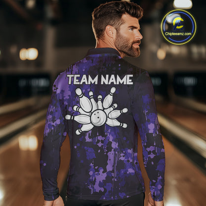 Purple Camo Bowling Polo, Quarter Zip Shirts For Men Custom Bowling Team Jerseys, Gift For Bowlers NQS10455