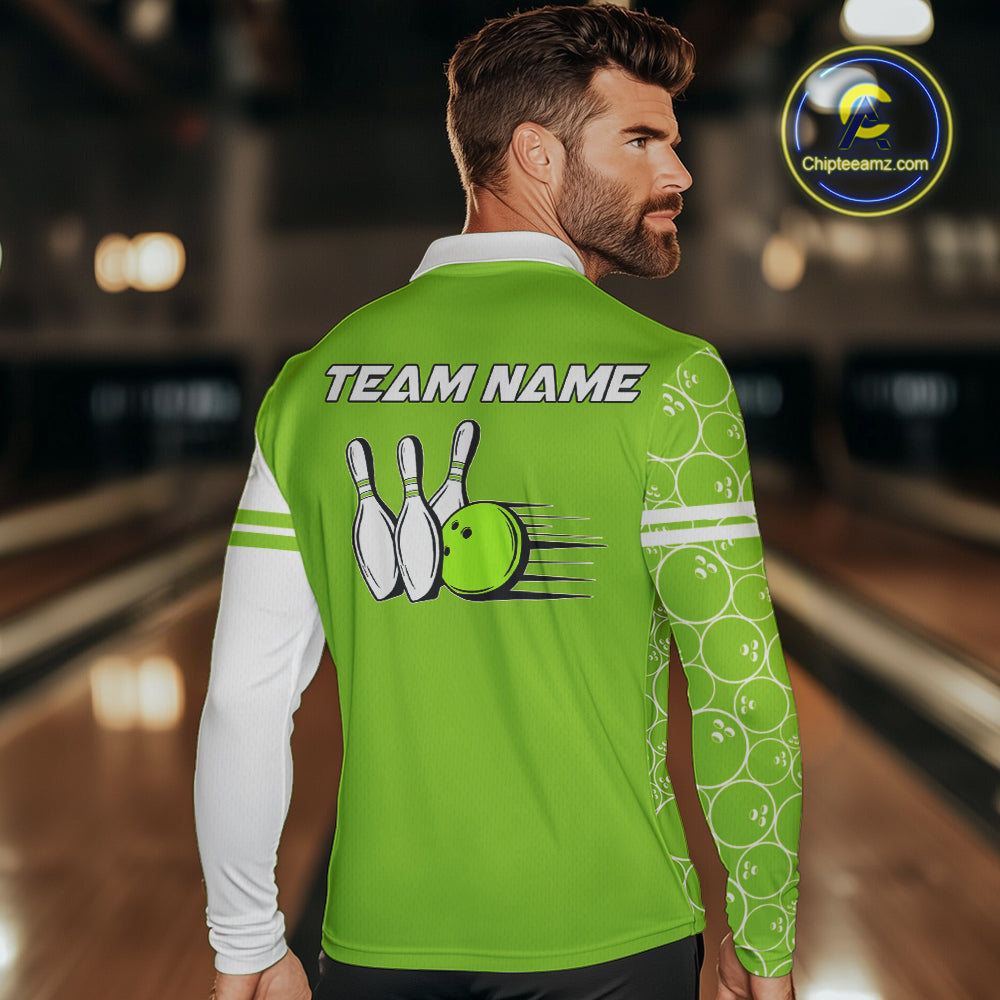 Men Bowling Polo, 1/4 Zip Shirt Custom white & green camo vintage bowling shirts, mens bowling jersey NQS10457
