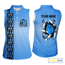 Load image into Gallery viewer, Personalized Black and Blue Retro Bowling Sleeveless Polo Team Shirts For Women Custom Bowling Gift NQS10459