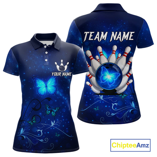 Blue galaxy Butterfly Bowling Polo, Quarter Zip shirts For Women Custom Butterfly Team bowling jersey NQS11268